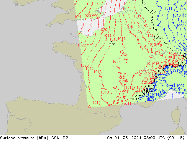 Surface pressure ICON-D2 Sa 01.06.2024 03 UTC