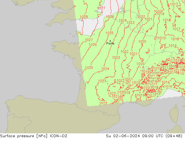 pression de l'air ICON-D2 dim 02.06.2024 09 UTC