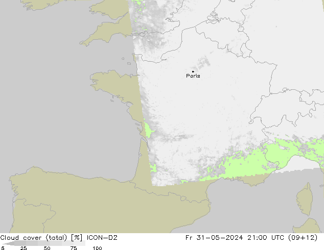 nuvens (total) ICON-D2 Sex 31.05.2024 21 UTC