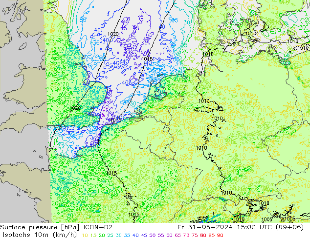 Isotachs (kph) ICON-D2 Fr 31.05.2024 15 UTC