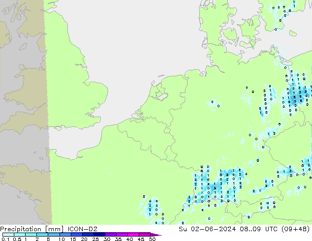 Neerslag ICON-D2 zo 02.06.2024 09 UTC