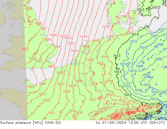 pressão do solo ICON-D2 Sáb 01.06.2024 12 UTC