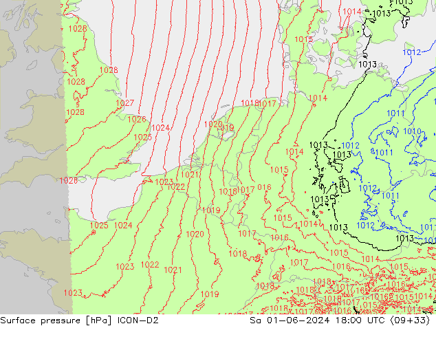 pressão do solo ICON-D2 Sáb 01.06.2024 18 UTC