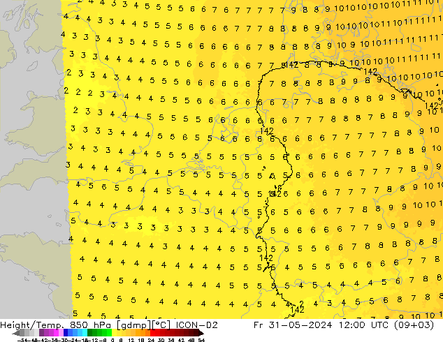 Height/Temp. 850 hPa ICON-D2 Fr 31.05.2024 12 UTC