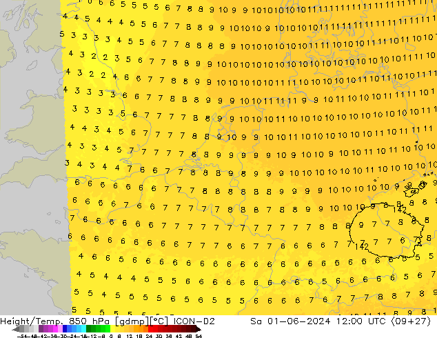 Height/Temp. 850 hPa ICON-D2 Sáb 01.06.2024 12 UTC