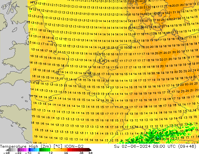 Темпер. макс 2т ICON-D2 Вс 02.06.2024 09 UTC