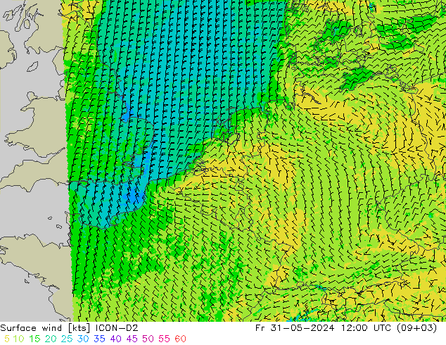 Surface wind ICON-D2 Fr 31.05.2024 12 UTC