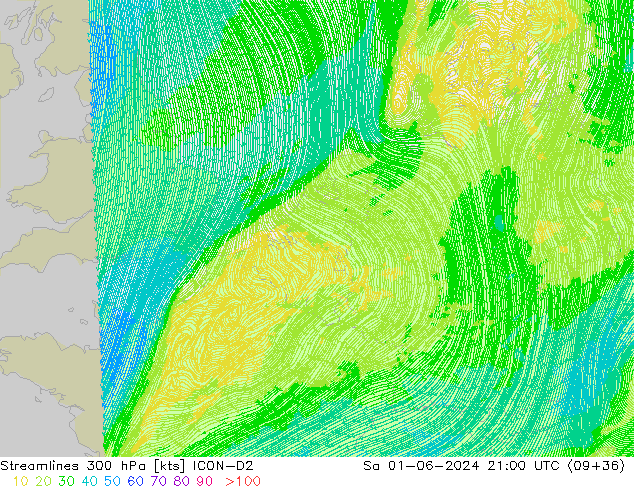 Linea di flusso 300 hPa ICON-D2 sab 01.06.2024 21 UTC