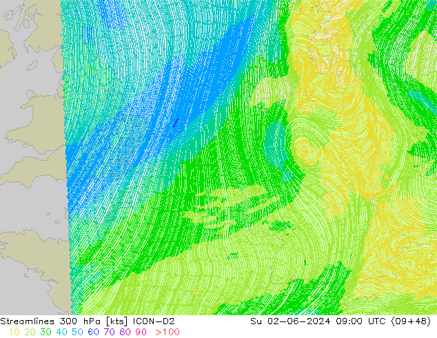 Streamlines 300 hPa ICON-D2 Su 02.06.2024 09 UTC