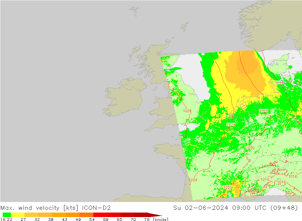 Maks. Rüzgar Hızı ICON-D2 Paz 02.06.2024 09 UTC