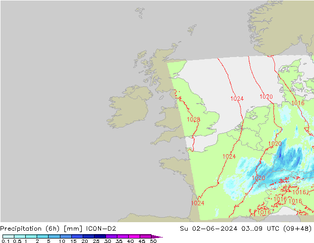 Precipitación (6h) ICON-D2 dom 02.06.2024 09 UTC