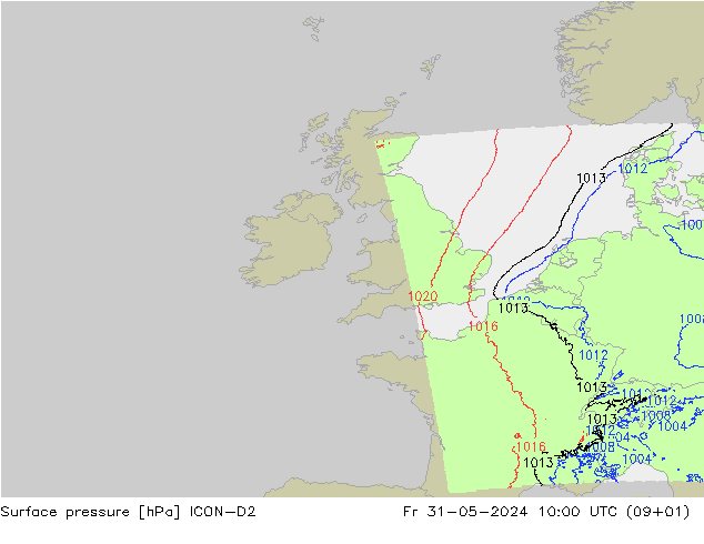 Pressione al suolo ICON-D2 ven 31.05.2024 10 UTC