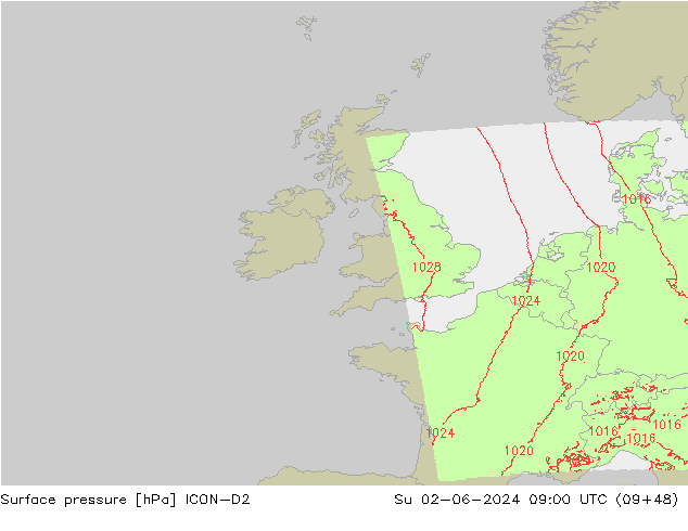 Luchtdruk (Grond) ICON-D2 zo 02.06.2024 09 UTC