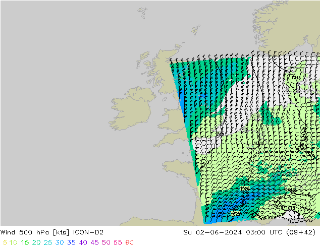 Viento 500 hPa ICON-D2 dom 02.06.2024 03 UTC