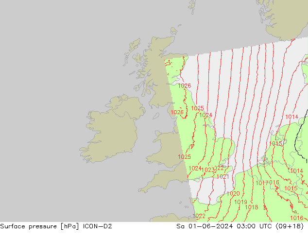 Surface pressure ICON-D2 Sa 01.06.2024 03 UTC