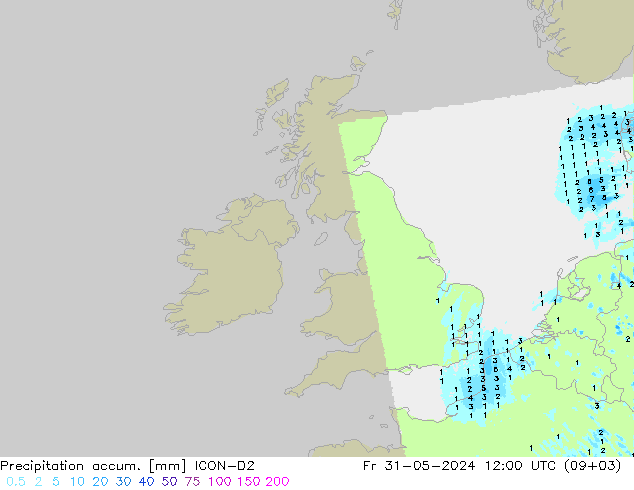 Precipitation accum. ICON-D2  31.05.2024 12 UTC
