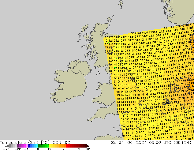 Temperatuurkaart (2m) ICON-D2 za 01.06.2024 09 UTC