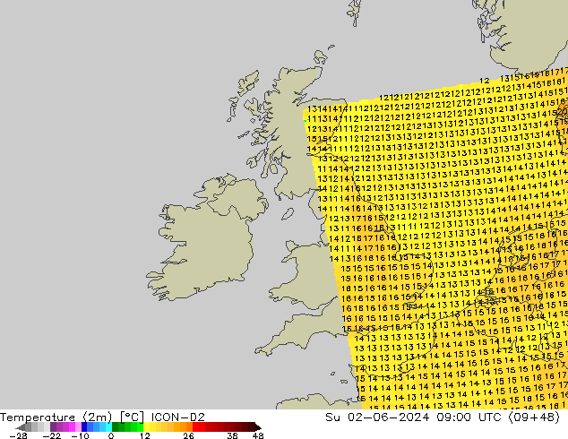 Temperature (2m) ICON-D2 Su 02.06.2024 09 UTC