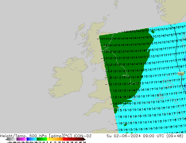 Height/Temp. 500 hPa ICON-D2  02.06.2024 09 UTC