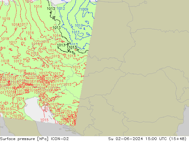 Pressione al suolo ICON-D2 dom 02.06.2024 15 UTC