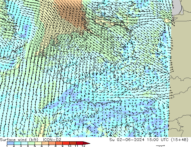 Surface wind (bft) ICON-D2 Ne 02.06.2024 15 UTC