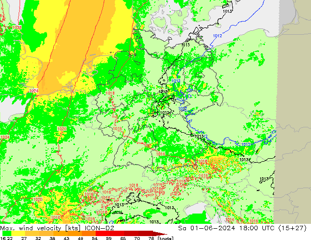 Max. wind velocity ICON-D2 sab 01.06.2024 18 UTC