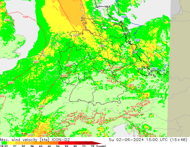 Max. wind velocity ICON-D2 dom 02.06.2024 15 UTC