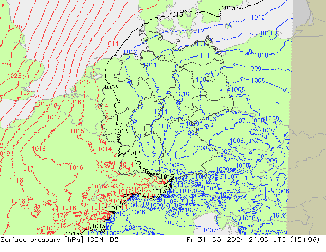 Atmosférický tlak ICON-D2 Pá 31.05.2024 21 UTC