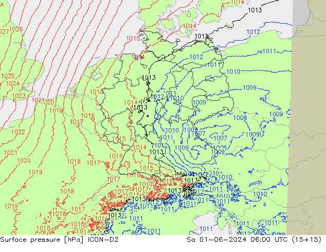 Surface pressure ICON-D2 Sa 01.06.2024 06 UTC