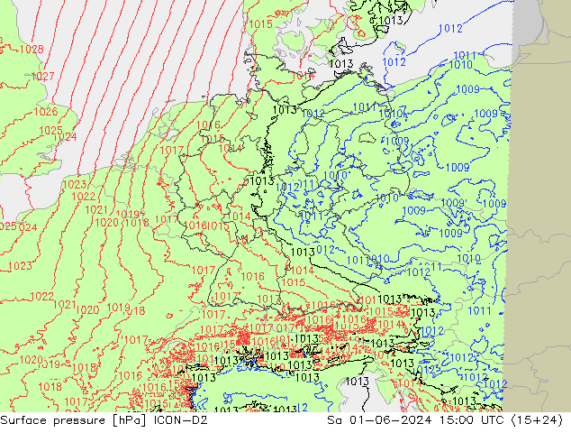 Surface pressure ICON-D2 Sa 01.06.2024 15 UTC