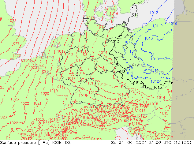 pressão do solo ICON-D2 Sáb 01.06.2024 21 UTC