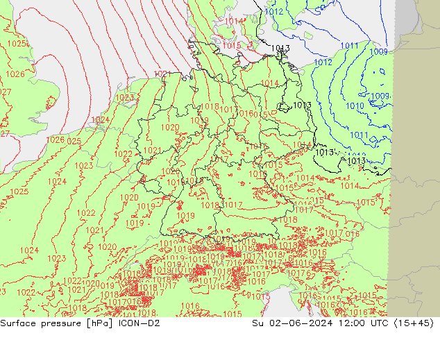 Surface pressure ICON-D2 Su 02.06.2024 12 UTC