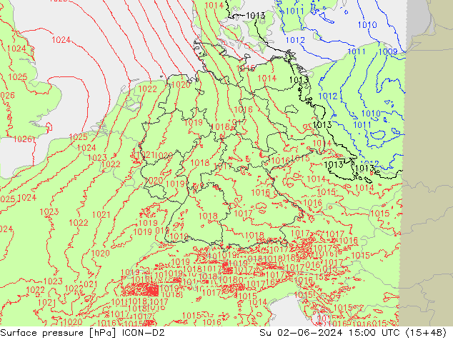 Surface pressure ICON-D2 Su 02.06.2024 15 UTC