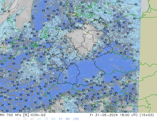 RH 700 hPa ICON-D2 Fr 31.05.2024 18 UTC