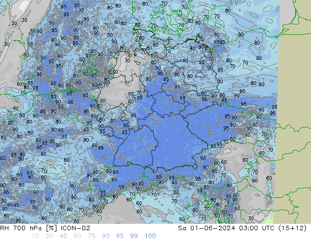 RH 700 hPa ICON-D2 Sáb 01.06.2024 03 UTC