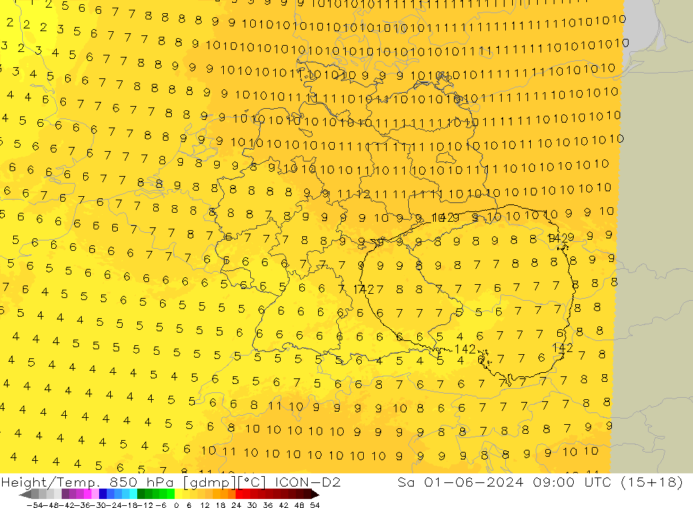 Hoogte/Temp. 850 hPa ICON-D2 za 01.06.2024 09 UTC