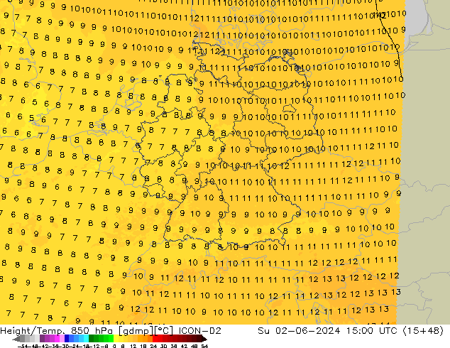 Height/Temp. 850 hPa ICON-D2 nie. 02.06.2024 15 UTC