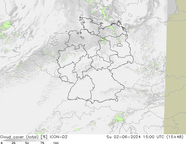 Cloud cover (total) ICON-D2 Ne 02.06.2024 15 UTC