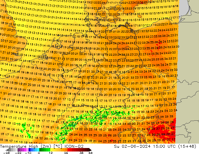 Temperatura máx. (2m) ICON-D2 dom 02.06.2024 15 UTC