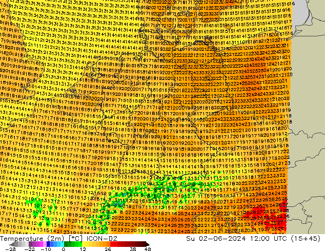 Temperature (2m) ICON-D2 Su 02.06.2024 12 UTC