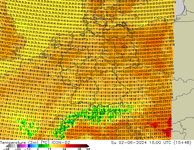 Temperatura (2m) ICON-D2 Dom 02.06.2024 15 UTC