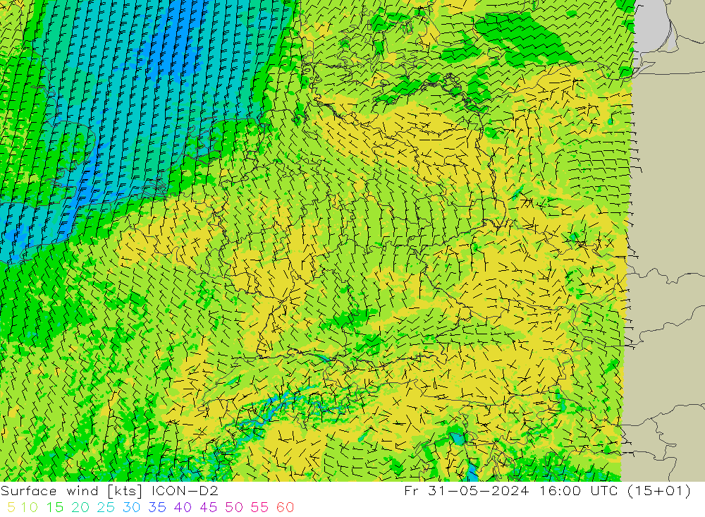 Wind 10 m ICON-D2 vr 31.05.2024 16 UTC