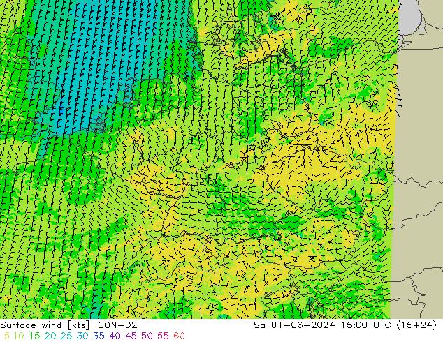 Wind 10 m ICON-D2 za 01.06.2024 15 UTC