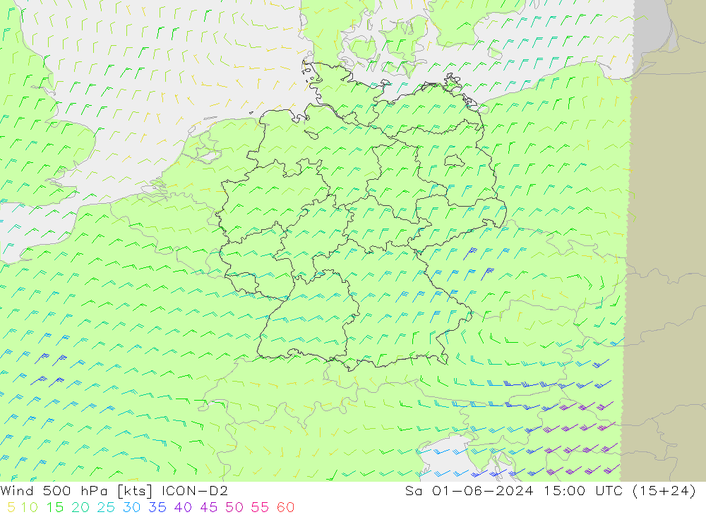 Vento 500 hPa ICON-D2 Sáb 01.06.2024 15 UTC