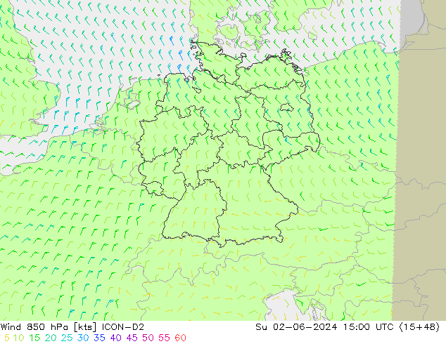 Wind 850 hPa ICON-D2 Su 02.06.2024 15 UTC