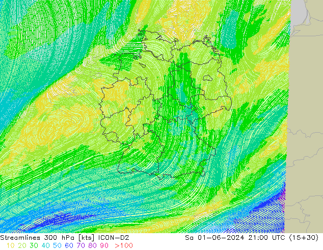 Streamlines 300 hPa ICON-D2 Sa 01.06.2024 21 UTC