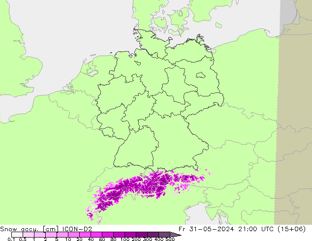 Snow accu. ICON-D2 Pá 31.05.2024 21 UTC