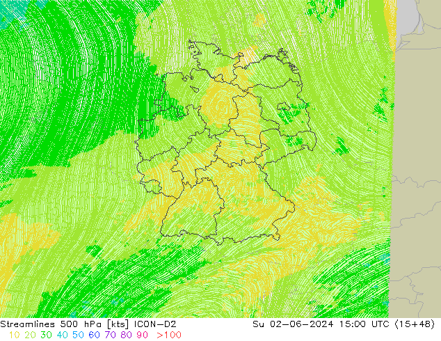 Ligne de courant 500 hPa ICON-D2 dim 02.06.2024 15 UTC