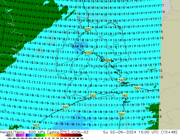 Hoogte/Temp. 500 hPa ICON-D2 zo 02.06.2024 15 UTC