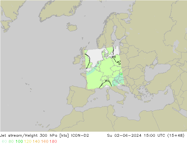 Jet stream/Height 300 hPa ICON-D2 Su 02.06.2024 15 UTC